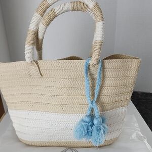 Stylish Tan and White Woven Tote Bag